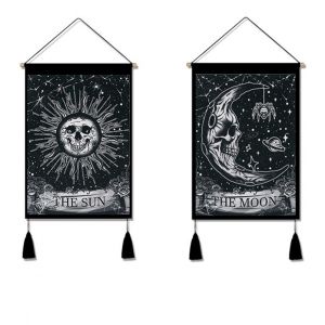 Lot de 2 tapisseries de tarot psychédéliques, tapisserie tête de mort, soleil, lune, étoile, tapisserie hippie pour décoration intérieure, 35 x 50 cm - Neuf