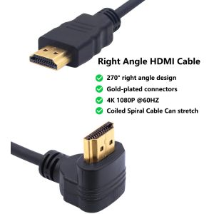 Droit HDMI C&acirc;ble Coiled 270 Degr&eacute;s Angle vers le haut HDMI M&acirc;le Spirale C&acirc;ble Haute Vitesse Prend En Charge 4K 60Hz 1080P Compatible pour TV PC Ordinateur Portable (Angle vers le haut - Neuf