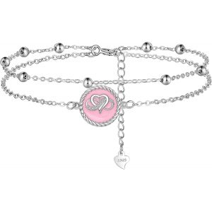 Kal-Bracelet De Cheville Infini Coeur Émail Rose Pour Femme Argent Sterling 925 Double Chaînes Avec Boules Été Plage Bracelet De Pied, Réglable 22+4cm - Neuf