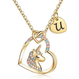 Kal-Collier De Licorne Pour Filles, Collier De Pendentif Coeur Plaqué En Or 14 Carats Pour Filles, Avec Cz Colorée Et Un Pendentif Coeur Initial - Neuf