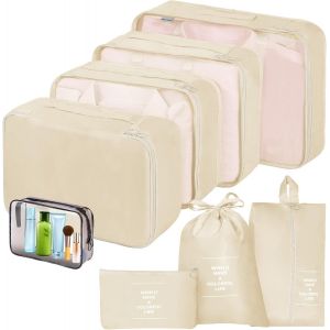 Organisateur Val , 8 Pi&egrave;ces Pochette Rangement Val Packing Cubes Organisateur De Voyage Avec Sacs &Agrave; V&ecirc;tements Imperm&eacute;ables Chaussures De Toilette, Beige - Neuf