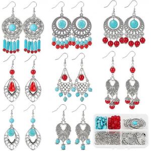 Kit De Création De Boucles D'oreilles Bohèmes (1 Boîte) : 8 Paires, Breloques Style Tibétain, Breloques Rondes En Forme De Feuille, Perles Turquoise Synthétiques Rouges. - Neuf