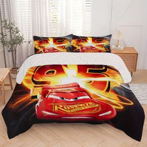 Parure De Lit 3 Pieces Cars Pour 3 Chambres : Housse De Couette En Polyester Doux, 2 Taies D'oreiller Avec Motif Voiture Rouge Éclair, Fermeture Éclair, Ideal Pour La Decoration De - Neuf