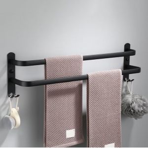 Porte Serviette Salle de Bain sans Percage Porte-Serviettes Murale Noir avec 2 Crochets Barre Serviette en Aluminium Cuisine Noir 2 Couches 60cm - Neuf