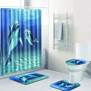 Dauphin Imprimer Rideau De Douche Et Tapis De Bain Set De 4, 180 X 180 Cm, Couvercle De Toilettes, Tapis De Bain, En Polyester Imperméable Rideaux De Salle De Bains - Neuf