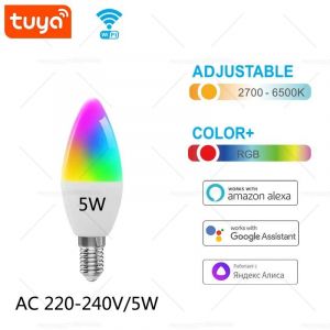 Lugh-E14 220v 5wtuya Rgbcw Wifi Ampoule Intelligente C37 E14 5w Led Variable 220v Alexa Google Home Yandex Vie Intelligente Groupe De Commande Vocale Intelligente Cont - Neuf