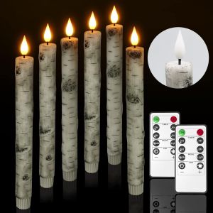 Lot De 6 Bougies Led En Bouleau Avec T&eacute;l&eacute;commande - En Cire V&eacute;ritable Vacillante - Sans Flamme - Fonctionne Avec Piles - Pour Halloween, No&euml;l, F&ecirc;te - Blanc Chaud - Neuf