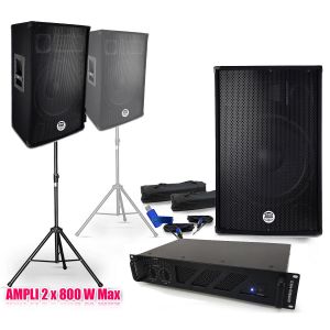 Pack SONO 2 enceintes 2x700W BM SONIC BMS-15, Amplificateur Ibiza AMP-1000 MKII, Supports pieds et c&acirc;bles+Cl&eacute; USB 32G - Neuf