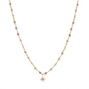 Collier Argent Dor&eacute; &Eacute;toile En Zirconium Blanc Et Perles Naturelles Quartz Rose Fraise - Neuf