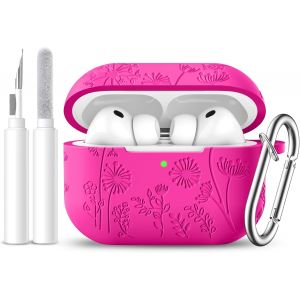 LORANKA-&Eacute;tui pour Coque AirPods Pro 3 2025 - Grav&eacute; aux Fleurs Silicone Protection Housse Compatible avec Apple AirPods Pro 3 Case - &Eacute;tui Anti-Chocs avec Karabine & Kit de Nettoyage - Rose Vif - Neuf