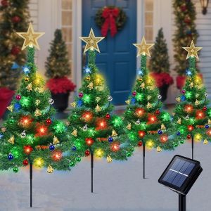 Kal-4pcs Lumières Solaires Pour Arbre De Noël Extérieur Avec 80led Flocons De Neige Lumières Colorées 8 Modes Sapin De Noël Avec Guirlande Lumineuse Solaire Pour Jardin Chemin Décoration De Noël - Neuf