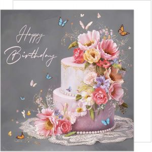 Carte d'anniversaire carrée premium avec enveloppe. Carte de joyeux anniversaire pour épouse et petite amie, gâteau rose, fleurs et papillons (GQ288 SW024) - Neuf
