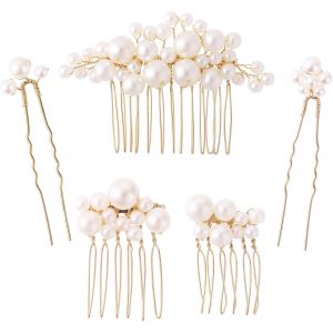 Kal-Lot De 5 Épingles À Cheveux Avec Perles ¿ Peigne Latéral Doré En Forme De U Pour Mariage - Neuf