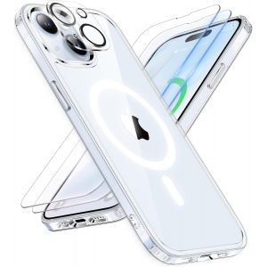 Maa-Coque Pour Iphone 15 Plus Avec 2 Verre Trempé Et 1 Caméra Protecteur, Etui Clair Arrière Housse Antichoc Coque Magnétique Pour Iphone 15 Plus Case 6.7"" Transparent - Neuf