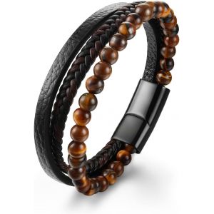 Eryi-Bracelet Homme, Bracelet En Cuir Véritable Pour Hommes, Bracelet Viking Arbre De Vie, Bracelet En Pierre Naturelle Tressée, Avec Fermoir, Noir/Brun (1pcs) - Neuf