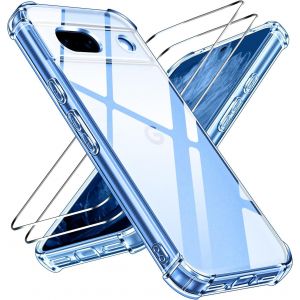 LORANKA-Anti-Jaunissement HD Clair Coque pour Google Pixel 8A avec 2 Pi&egrave;ces Verre Tremp&eacute;, [Protection Militaire] Transparente &Eacute;tui de Protection Antichoc avec Coins Renforc&eacute;s Mince Bumper Housse - Neuf