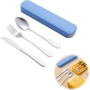 Mevronisshop-Set De Couverts En Inox 3 Pi&egrave;ces Couverts Lunch Box De Camping,Boite Couvert A Emporter Couteau Fourche Cuill&egrave;re Avec Bo&icirc;te De Rangement Bleue Pour Camping Et Pique Nique Et Lunch Box - Neuf
