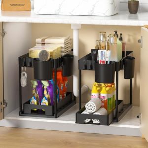 Lot De 2 Rangement Sous &Eacute;vier Cuisine,Organisateur Sous Evier &Agrave; 2 &Eacute;tages Avec Tiroir Coulissant,&Eacute;tag&egrave;re Sous &Eacute;vier Avec 4 Crochets,1 Suspendu,Multifonctionnelle Pour Cuisine,Buanderie - Neuf