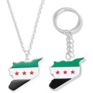 Kal-1 Porte-Clés Pendentif Carte De La Syrie Drapeau En Acier Inoxydable Et 1 Collier, Bijoux À La Mode Pour Hommes Et Femmes À Porter En Collier - Neuf