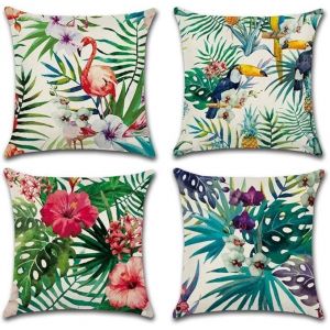 Housse De Coussin À Fleurs Tropicales 45 X 45 Cm, Lot De 4 Taies D'oreiller En Lin Décorées De Plantes Tropicales, Idéales Pour Un Canapé Ou Un Jardin. - Neuf
