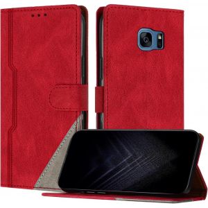 Kal-&Eacute;tui Pour Samsung Galaxy S7, Housse En Cuir Pu Avec [Protection Antichoc Tpu] [Fonction Support] [Porte-Cartes ] Antichoc Magn&eacute;tique Coque Pour Galaxy S7 - Rouge - Neuf