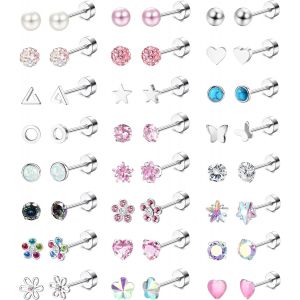 24 Pairs Boucles D'oreilles Femme Acier Inoxydable Hypoallergénique Papillon Perles Étoile Fleur Zircone Boucle D'oreille Fille Enfant Boucles D'oreilles Femme Argent Ensemble.[X3128] - Neuf