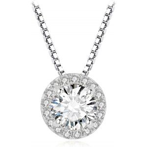Kal-1ct Classique Zirconium Pendentif Taille Rond Femme Argent 925 Plaqué Or Jaune Or Rose, Collier Halo Chaine Diamant Simulé Fiançaille Mariage 45cm, Ensemble Bijoux Cadeau Anniversaire - Neuf