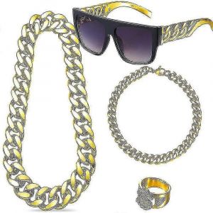 Vintage Des Ann&eacute;es 80 Des Ann&eacute;es 90 Hip Hop Costume Accessoires : Fausse Cha&icirc;ne En Or,Lunettes De Soleil Punk,Bague Dollar Pour Rappeur Unisexe Accessoires - Neuf