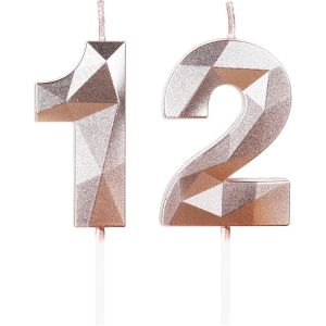 SANSH-Or Rose Bougies d'anniversaire pour 12 ans, 3D bougie numéro 12, bougies Rose, bougie d'anniversaire pour gâteau, bougies d'anniversaire, décorations de gâteau pour fête d'anniversaire, mariage - Neuf
