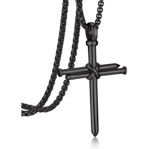 Trahoo-Collier Homme Croix Chrétienne Acier Inoxydable/Noir, Pendentif Religieux Avec Chaîne Ajustable De 55+5cm - Neuf