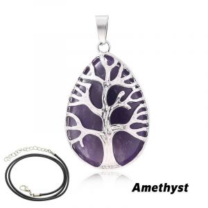 Pendentif Arbre De Vie En Pierre De 7 Chakras, Colliers En Forme De Goutte D'eau Naturelle, Cristal Rose, Quartz Rose, Am&eacute;thyste, Lapis Lazuli, ?il De Tigre, Cadeaux-5.5-6mm-Amethyst - Neuf