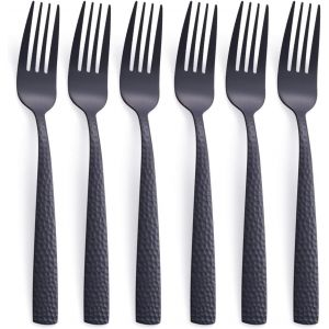 Kalanka-Ensemble De 6 Fourchettes &Agrave; D&icirc;ner Noir Mat, 20,3 Cm En Acier Inoxydable Noir Fourchette &Agrave; Argenterie, Fourchette En M&eacute;tal Martel&eacute;, Finition Satin&eacute;e - Neuf