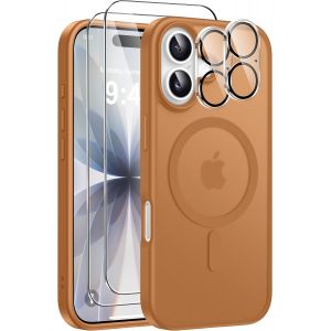 5 In 1 Magn&eacute;tique Coque Pour Iphone 17 Avec 2 Verres Tremp&eacute;s Et 2 Cam&eacute;ra Protecteur, Compatible Magsafe Dos Anti Rayures &Eacute;tui Antichoc Tpu Bumper Housse Pour Iphone 17 6,3"" -Marron - Neuf