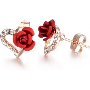 Chenquansarl-Rouge Bleu Fleur Boucles D'oreilles Femme Plaqué Rose Gold/Argent Zirconium Clou D'oreille Bijoux Cadeau Saint Valentin Mariage - Neuf