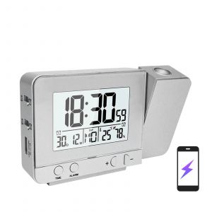 Réveil à projection pour chambre à coucher avec hygromètre Therye.com,horloge de plafond numérique,affichage LED à intensité variable avec chargeur USB-Silver- - Neuf