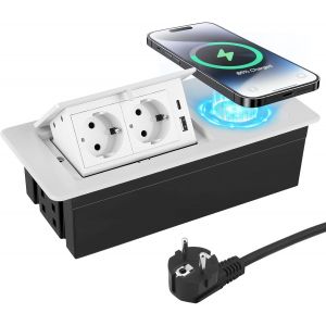 PD20W USB C USB A - Prise encastrable &agrave; 2 prises - Avec charge sans fil de 15 W - Pour plan de travail, table de canap&eacute;, maison, bureau - C&acirc;ble de 1,8 m - Blanc - Neuf