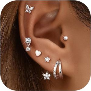 Kgabery-6 Paires Boucles D'oreilles Pour Femme Tendance &Eacute;toile Coeur Zirconium Boucle D'oreille Argent/Or Empilables Clou D'oreilles Petites Boucles D'oreilles Cr&eacute;oles Pour Plusieurs Piercings - Neuf
