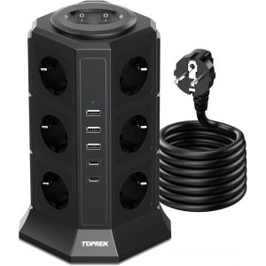 Multiprise avec parasurtenseur 4000 W/16 A, 12 prises avec USB, prise de courant avec interrupteur, multiprise pour bureau, cuisine, c&acirc;ble de 2 m - Neuf