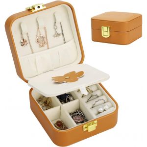Coffret À Bijoux De Voyage Marron, Petit Coffret À Bijoux Pour Femmes Et Filles, En Cuir Synthétique Avec Miroir Pour Bagues, Bracelets, Boucles D'oreilles, Colliers, Cadeaux - Neuf