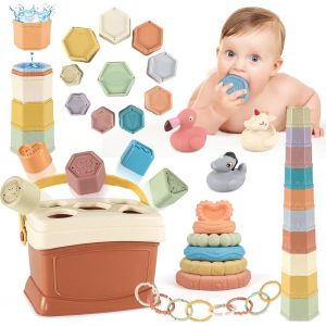 JGD-Jouets B&eacute;b&eacute;s pour 6 &agrave; 12 Mois, 5 en 1 Baby Montessori Jeux Eveil, Jeux Sensoriel Bebe, Gobelets Empilables, Trieur de Formes, Enfant Jeux Educatif 1 2 3 Ans Anniversaire No&euml;l Cadeau - Neuf