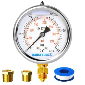 Manom&egrave;tre Hansfeld 0-25 bar/psi,cadran 63 mm,rempli de liquide,raccord inf&eacute;rieur 1/4 pouce BSP,composants internes et raccord en laiton,pr&eacute;cision 1.6,inclus 2 r&eacute;ducteurs vers 3/8"" et 1/2 - Neuf