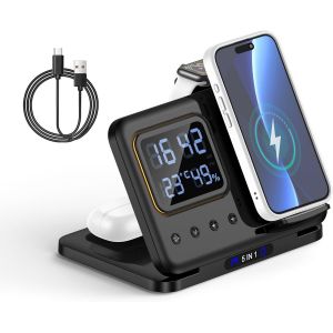 KALANKA-5 en 1 Station de Charge sans Fil, Chargeur Induction Pliable avec Horloge et Veilleuse pour Samsung S25 S24, Wireless Chargeur &agrave; Induction pour Galaxy Watch et Galaxy Buds 2 Pro - Neuf