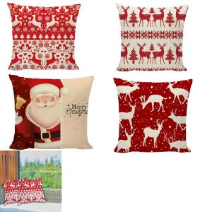 Lot de 4 housses de coussin de No&euml;l avec motifs de cerfs et de f&ecirc;tes, 45 x 45 cm, en lin m&eacute;lang&eacute;. - Neuf