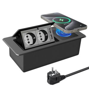 Prise de courant escamotable 2 prises encastr&eacute;e PD20W charge rapide USB C prise de table avec chargeur sans fil 15W pour plan de travail, bureau - Neuf