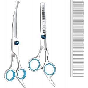 Jgd-Lot De 3 Ciseaux De Toilettage Pour Chien Avec Pointes Rondes De S&eacute;curit&eacute;, Kit De Toilettage En Titane Robuste, Ciseaux &Agrave; Effiler Professionnels, Ciseaux Droits Avec Peigne Pour Chiens Et - Neuf