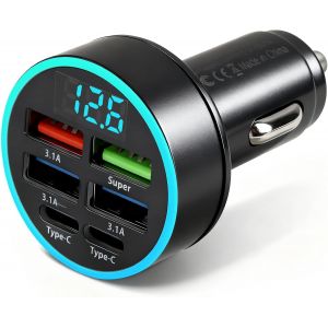 LORANKA-66W Chargeur Allume Cigare USB C 6Ports avec LED Voltm&egrave;tre, Multiprise Chargeur Voiture Rapide 12V 3,1A, Branchable sur Type-C Adapt&eacute; pour Android, Apple, Samsung, Ordinateurs - Neuf