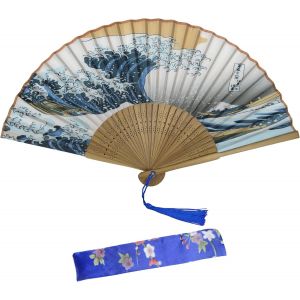 Kalanka-Awcigg Eventail Japonais Kanagawa Sea Waves Éventail Décoration Japonaise Eventails Soie Et Bambou Avec Frange Mini Evantail Etui De Protection En Tissu Inclus Pour Femme Été Enfant Fille Hom - Neuf