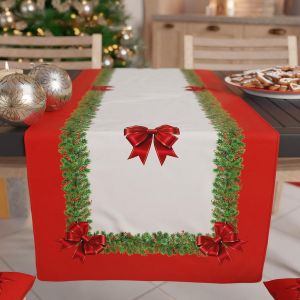 Chemin De Table De Noël 140x40 Cm En Microfibre Anallergique,Élégant Et Lavable,Décoration Festive Pour Salon Et Cuisine,Motif 'noeud Rouge',100% Fabriqué En Italie - Neuf