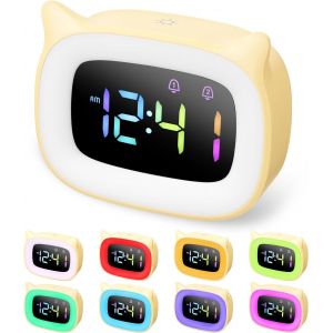 LED Reveil Enfant,Reveil Lumineux,Luminosité Réglable,Reveil Enfant Jour Nuit,18 Sonneries,4 Modes,Réveil Numérique,Mode Répétition Haut de Gamme,Reveil Enfant Fille,Port USB (Jaune) - Neuf