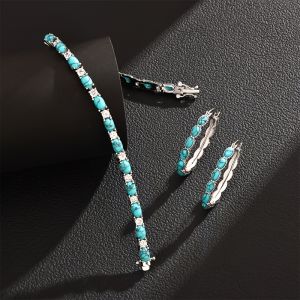 Parure De Bijoux Pour Femme En Argent 925 - Bracelet Et Boucles D'oreilles Turquoise, Ensemble Deux Pi&egrave;ces &Eacute;l&eacute;gant Chic Cadeau Id&eacute;al No&euml;l F&ecirc;te Des M&egrave;res Saint-Valentin Soir&eacute;e Romantique Avec Bo&icirc;te Cadeau - Neuf